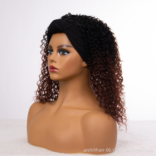 Wholesale Ombre Black To Dark Brown Synthetic Kinky Curly Hair Wigs With Headband For Women